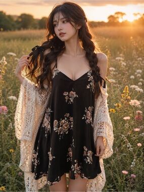 Midnight Blossoms strappy caged back floral Slip dress M/L